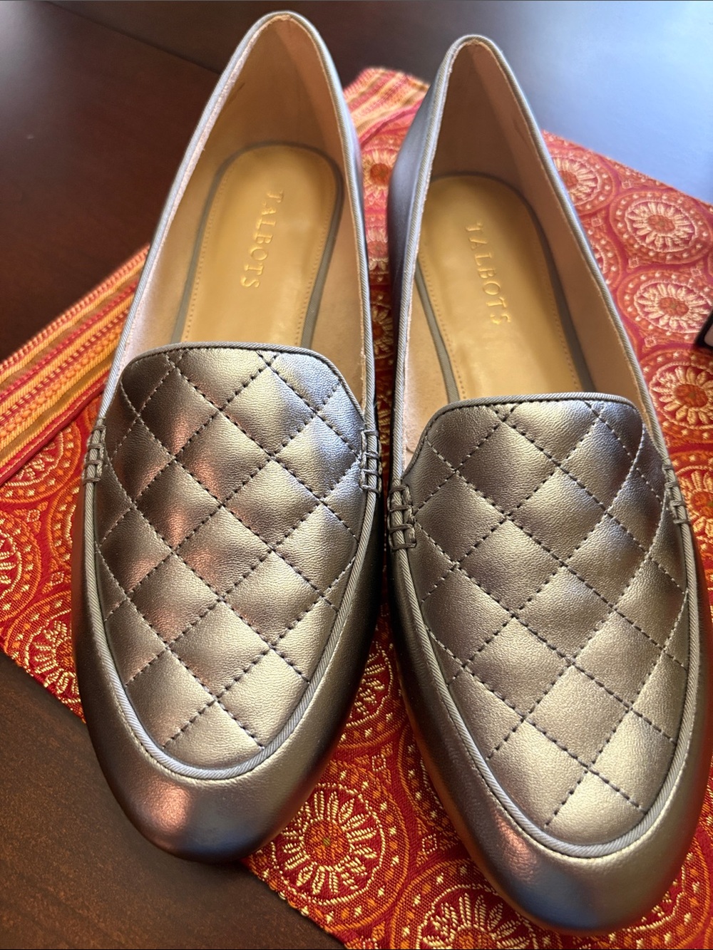 Talbots Quilted Metallic Silver Loafers